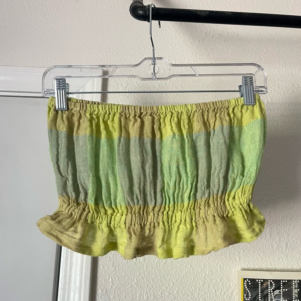 LESET green gingham check plaid linen blend strapless cropped ruffle hem top